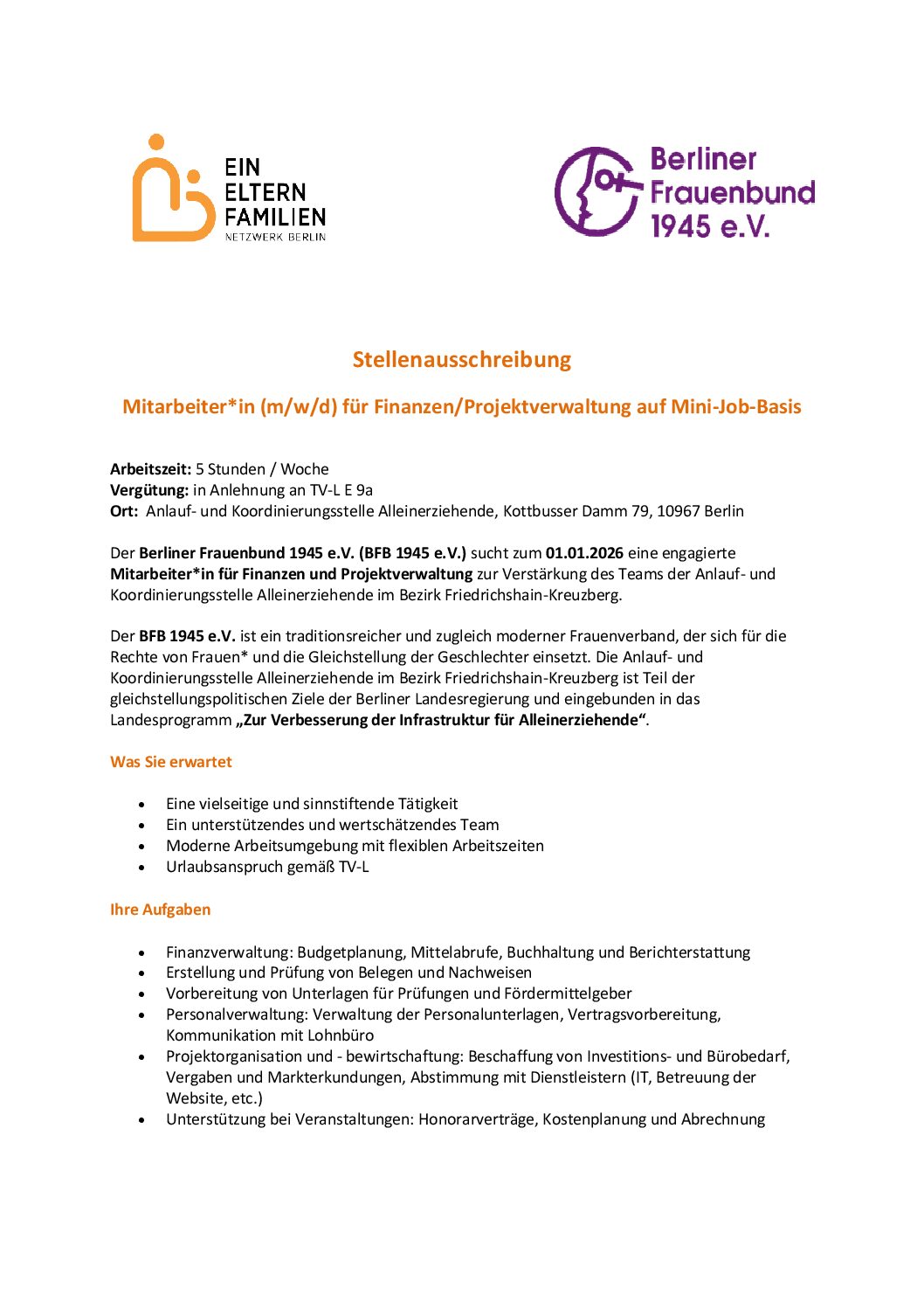 Stellenausschreibung Mitarbeiter*in (m/w/d) für Finanzen/Projektverwaltung auf Mini-Job-Basis